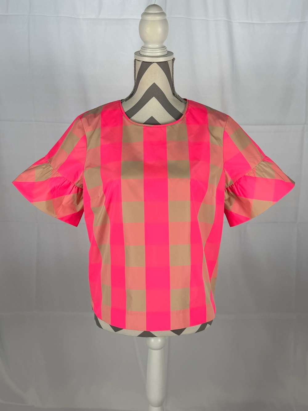 J Crew Neon Plaid Flare Sleeve Blouse Top, Women's Pink Tan Preppy Check Twee 6